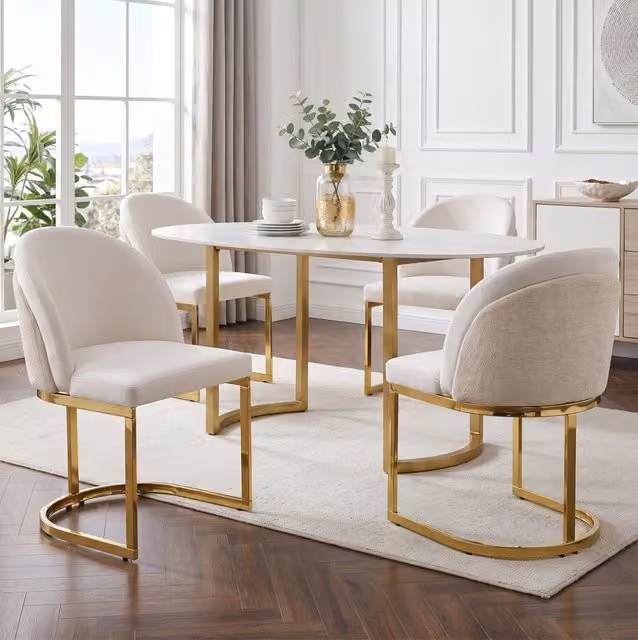 Set di 4 sedie da pranzo in tessuto ciniglia beige con gambe in metallo oro