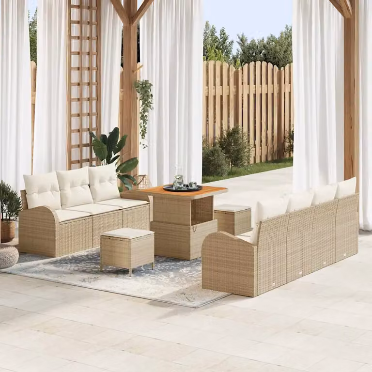 Set Divano da Giardino vidaXL in Polyrattan Beige con Cuscini e Tavolino da 10 Pezzi