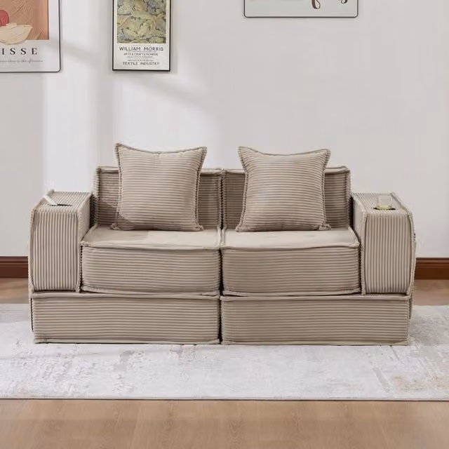 Pouf sofa modulare con tasche laterali e due cuscini in velluto a coste kaki per relax 162 × 78 × 66 cm