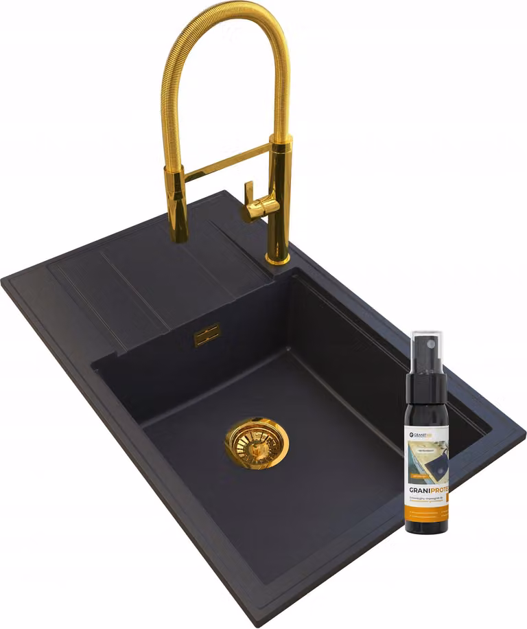 Granitan - Lavello in granito - Lavello da cucina - 80x50 cm - Nero - con rubinetteria FULL e scolapiatti - LOUIS