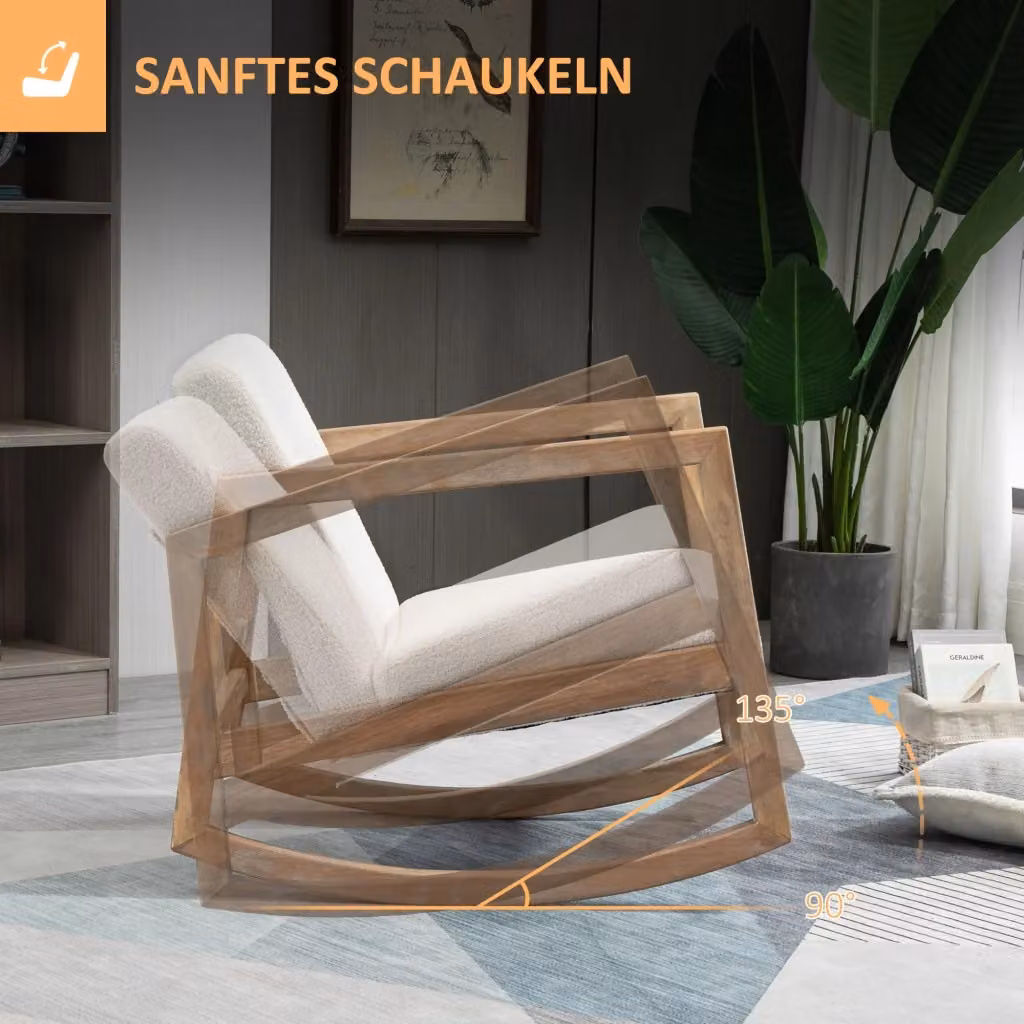 Sedia a dondolo Chicfurn con cuscino imbottito in tessuto bianco e struttura in legno di gomma per soggiorno e camera da letto – 2