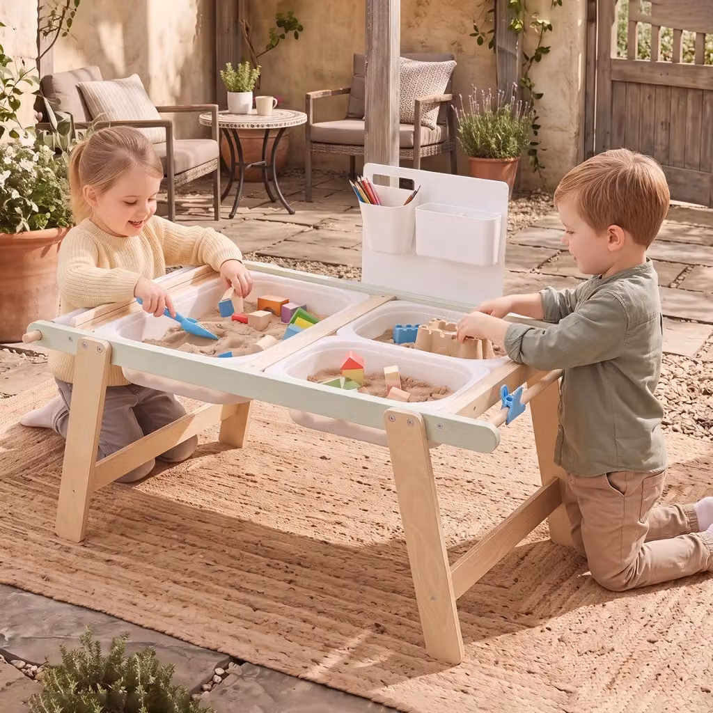 Tavolo sensoriale Montessori per bambini dai 3 ai 6 anni con pannello bifacciale per giochi con sabbia e acqua in legno di pino, L: 74.5 cm, P: 51.5 cm, H: 50.0 cm – 2