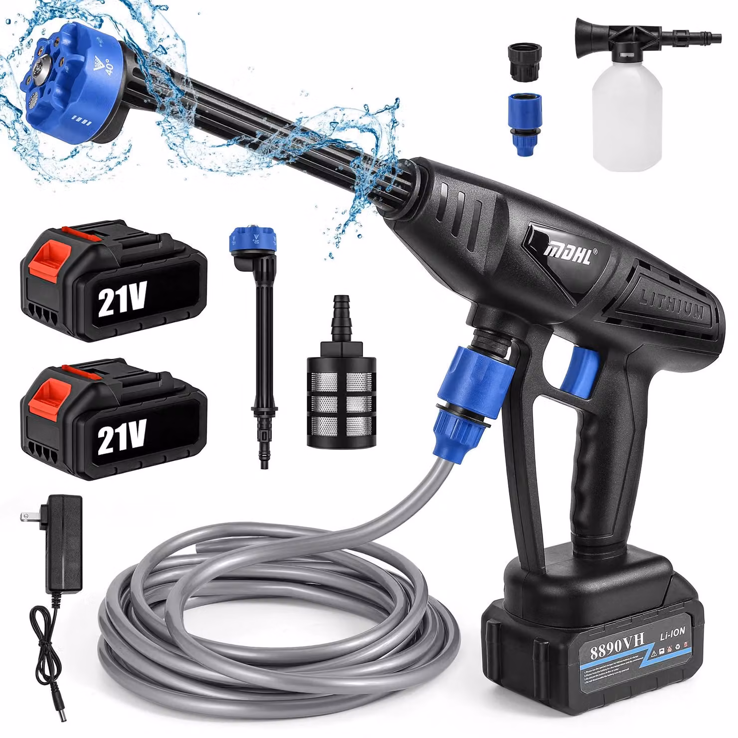 Idropulitrice a batteria - Pistola di pulizia senza fili - 26 bar - 6 modalità di spruzzo - 2 batterie - Ugello in ottone - Contenitore per schiuma - Blu
