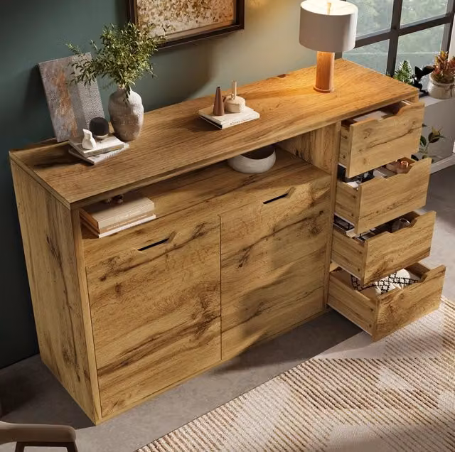 Credenza moderna in MDF con 4 cassetti soft-close e 2 ante, colore marrone e nero, L: 150 cm, H: 90 cm, P: 40 cm