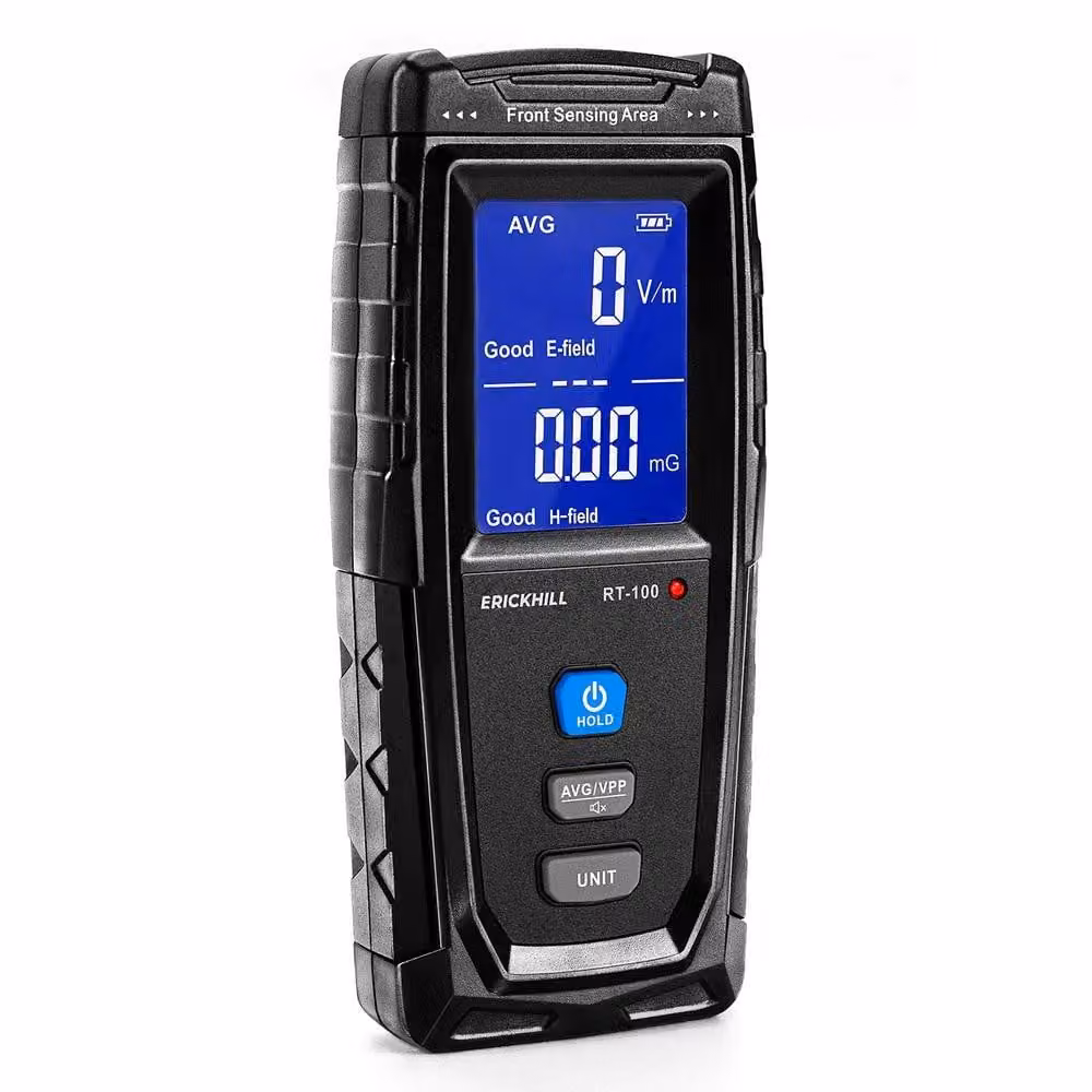 ERICKHILL RT-100 Misuratore di campi elettromagnetici - Misuratore di campi elettromagnetici con display LCD, allarme, 2 modalità, ricarica USB, per uso domestico e industriale