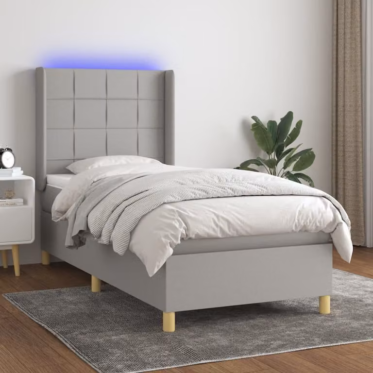The Living Store Letto a molle con materasso e LED in tessuto grigio chiaro 90x200 cm