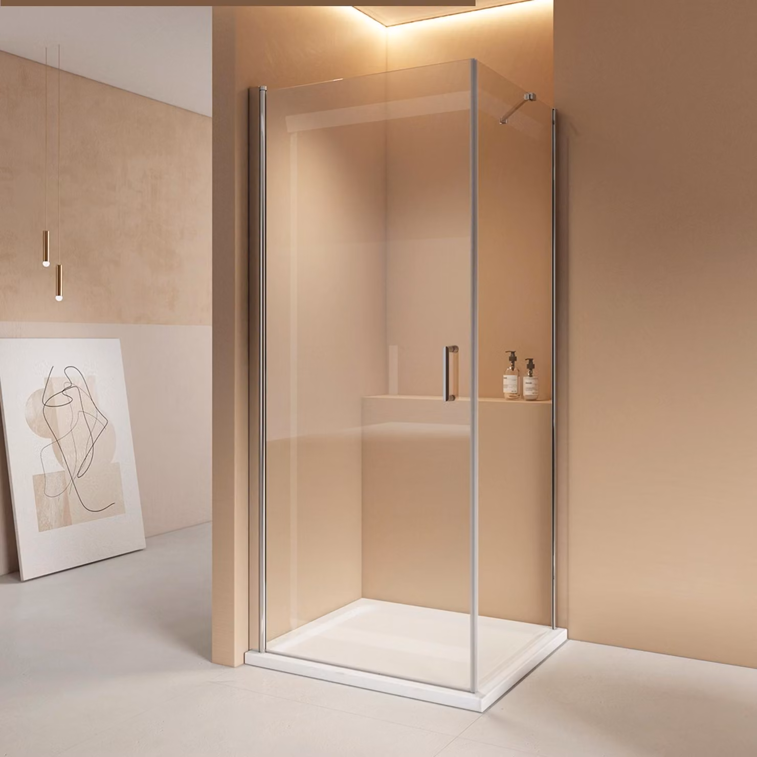 Cabina doccia EMKE 80x80 cm Altezza: 195 cm Doccia angolare Porta girevole con parete laterale, vetro di sicurezza ESG da 6 mm, funzione di sollevamento/abbassamento, rivestimento nano, finitura cromata