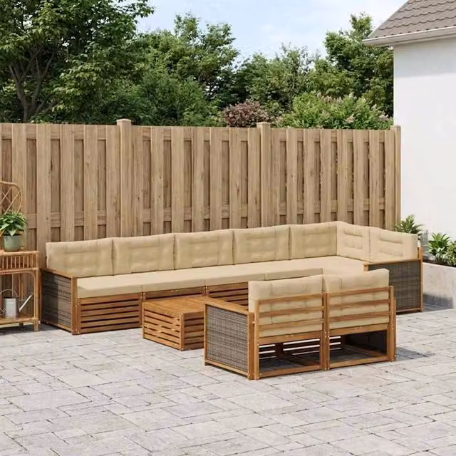 Set di divani da esterno vidaXL a forma di U in legno di acacia beige con cuscini inclusi – 1