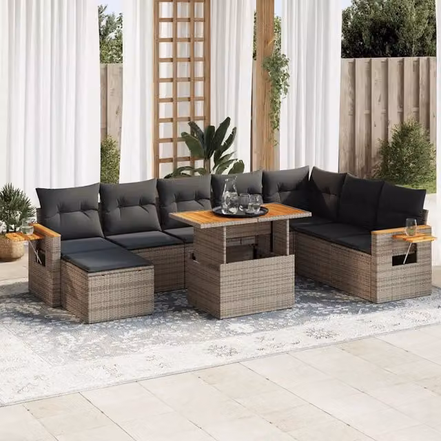 Set Divano da Giardino 9pz con Cuscini Grigio Polyrattan Acacia 3327637