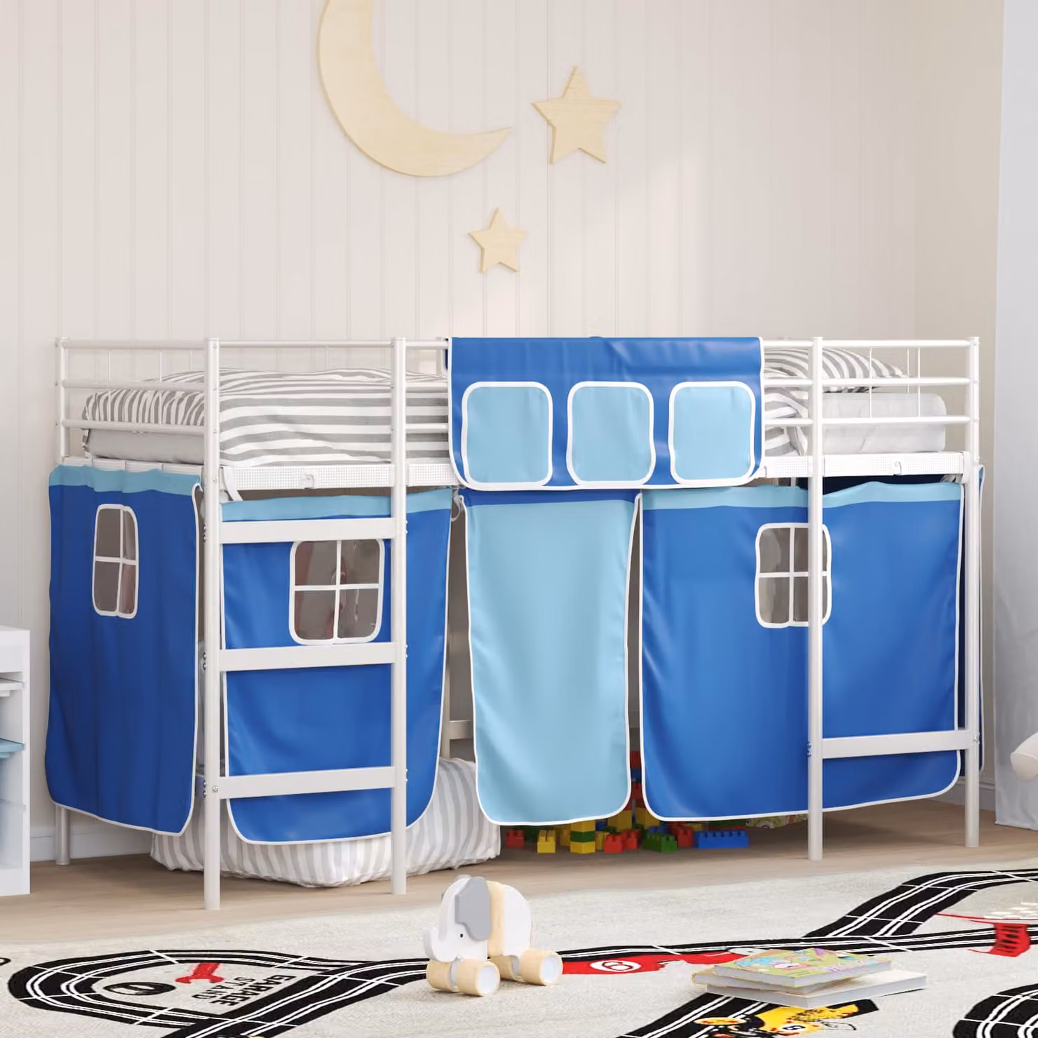 Letto a castello singolo vidaXL in metallo con tende e scala per bambini, Bianco, Blu e Nero, L/P/H: 190 x 90 x 150 cm – 1