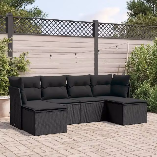 Set Divano da Giardino 6 pz con Cuscini-Sofa da Giardino-Divanetto da esterno Nero in Polyrattan 495516