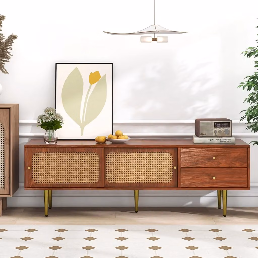 Mobile TV WISHDOR in MDF effetto noce con ante scorrevoli in rattan PE, 2 cassetti e 4 vani, L: 160 cm, P: 40 cm, H: 60 cm – 2