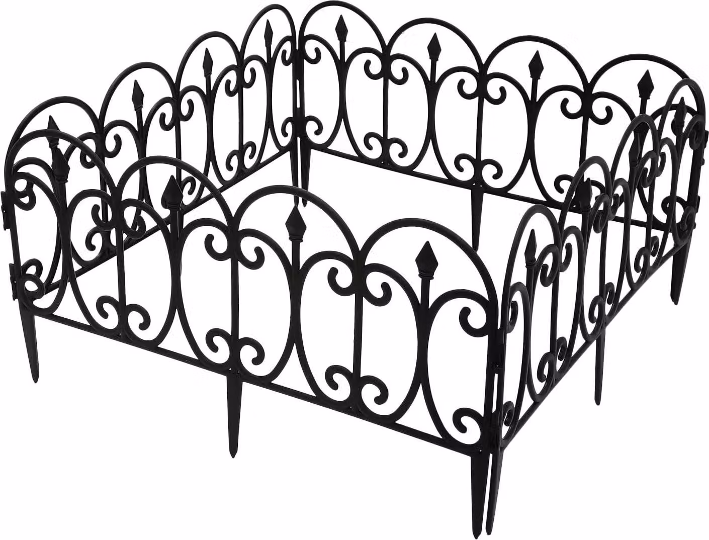Recinzione da giardino, set da 5 pezzi - Pannello in plastica per bordure di aiuole - Forma ad arco - Pali da interramento - Resistente agli agenti atmosferici - Sistema a incastro - Colore nero