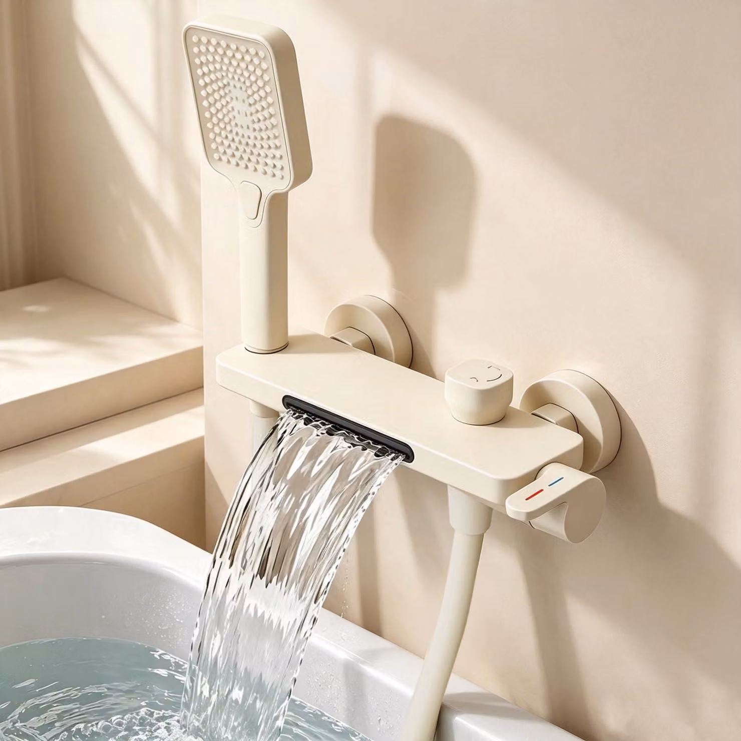 Miscelatore per doccia orientabile a 30°, con soffione manuale a 3 getti e ripiano portaoggetti da 22 cm
