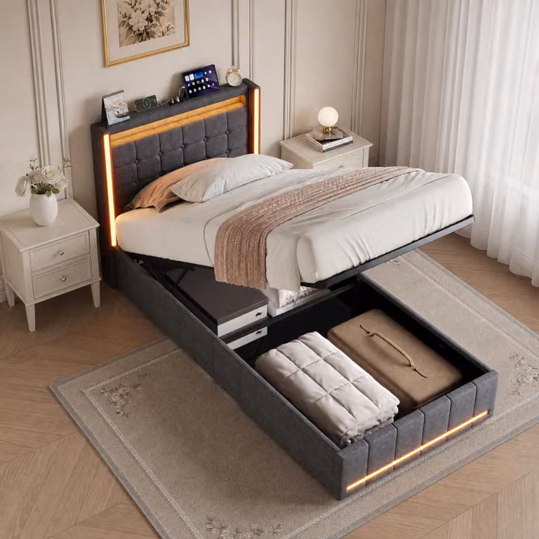 Letto imbottito INONEFT 90x200 cm con LED e USB, letto box con sistema idraulico e testiera, letto per ragazzi, letto singolo con rete a doghe, tessuto in lino, colore grigio