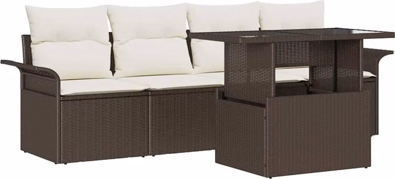 Set Divano da Giardino con cuscino 5 pcs Marrone polyrattan