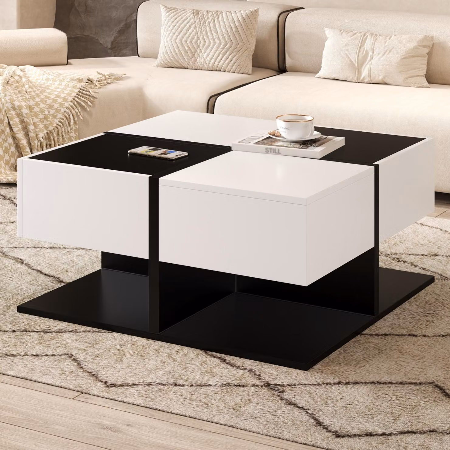 Fortuna Lai Tavolino moderno bianco nero 70x70x35,5 cm - Tavolino da salotto quadrato con 2 cassetti e spazio di archiviazione, tavolino lucido con guide morbide per cassetti
