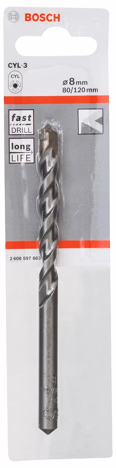 Trapano per calcestruzzo CYL-3, 8 x 80 x 120 mm, d 7,5 mm, confezione da 1 pz