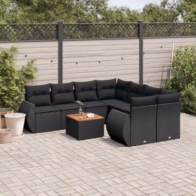 Set Divani da Giardino 9 pz con Cuscini Nero in Polyrattan 3224928