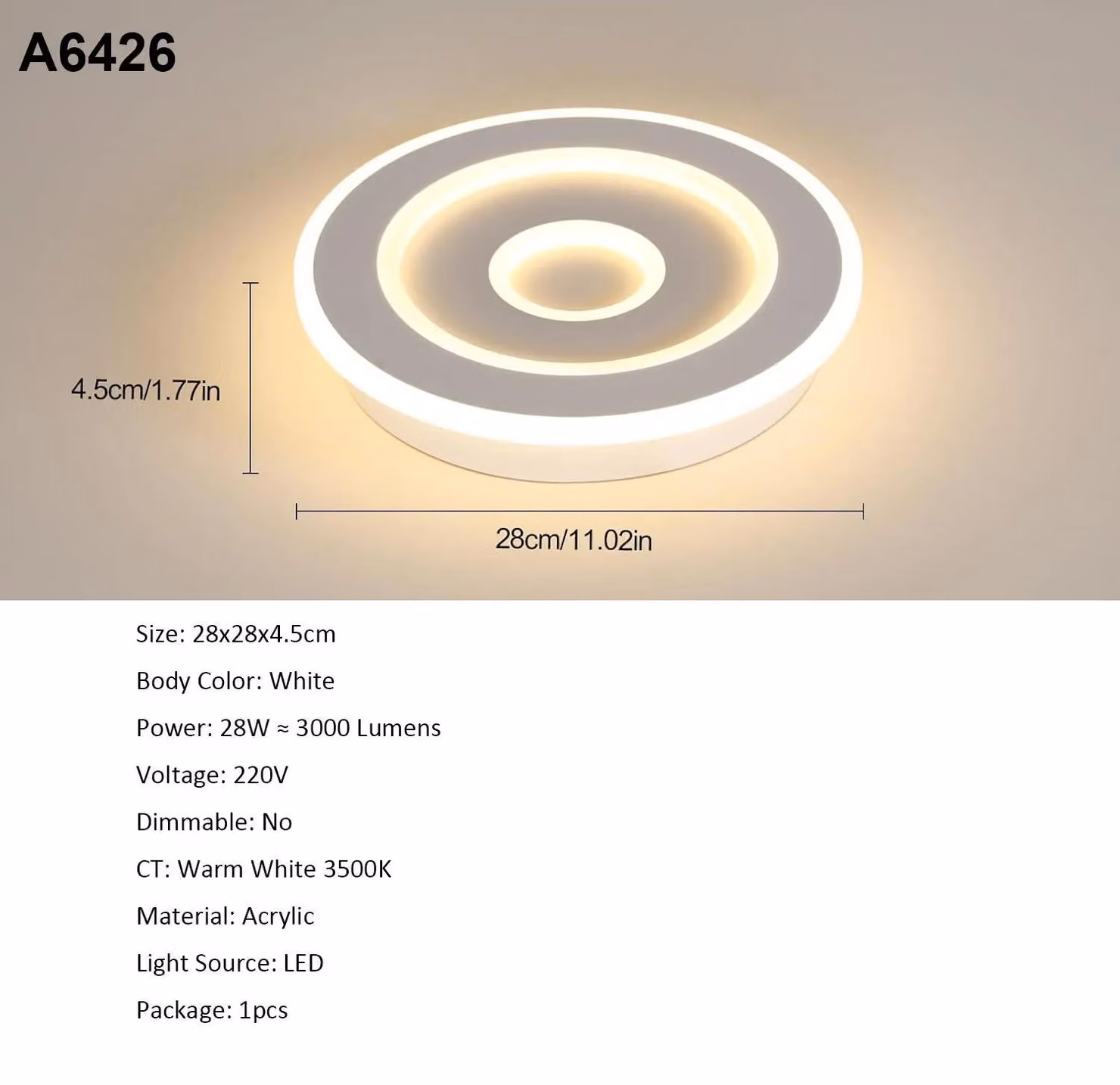 Plafoniera LED rotonda - A6426 - 28 W - 220 V - Non dimmerabile - Montaggio a soffitto - Materiali: ferro e acrilico - Adatta per ambienti da 5 a 10 m²