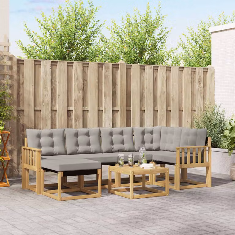 vidaXL Set di divani da esterno 7 pz in legno di acacia con cuscini, Bianco, Grigio e Marrone
