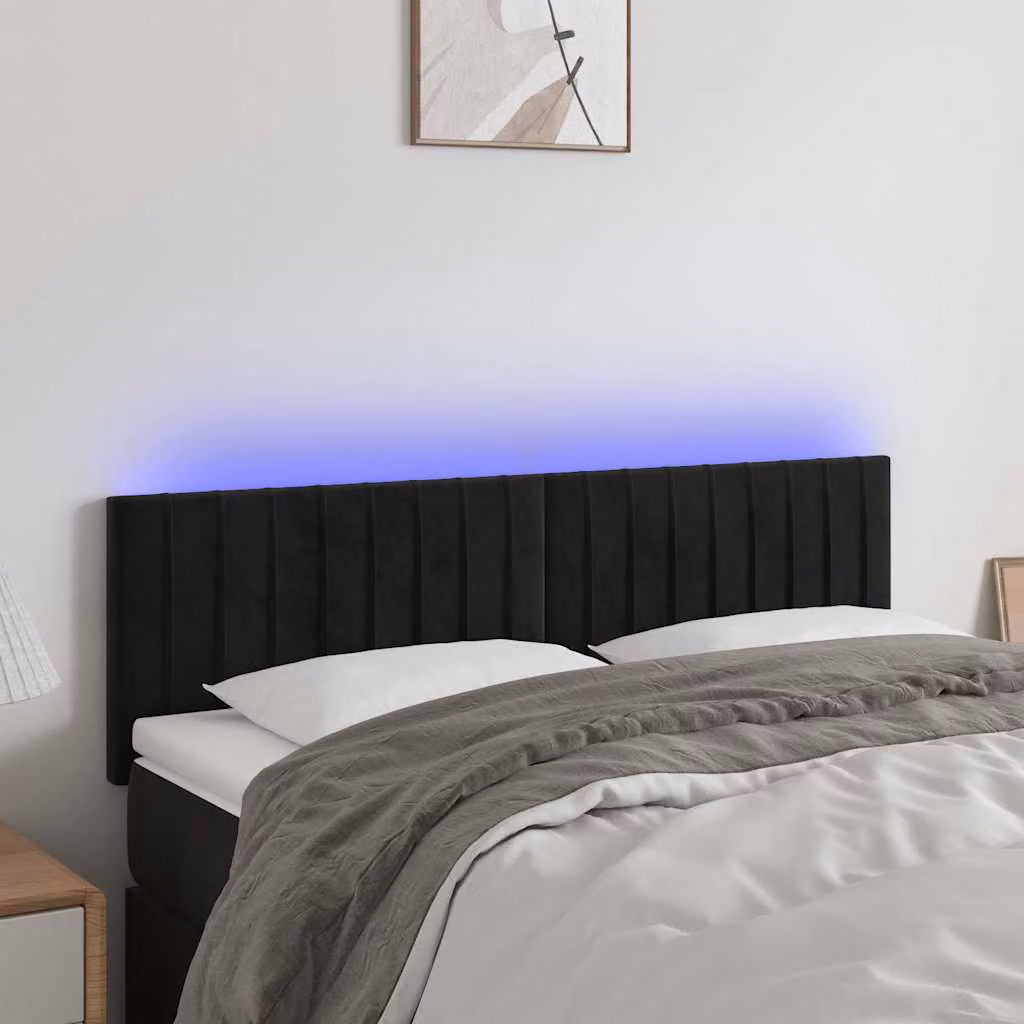 Testiera per letto vidaXL in velluto nero con illuminazione LED e porta USB, L 144 x P 5 x H 78/88 cm