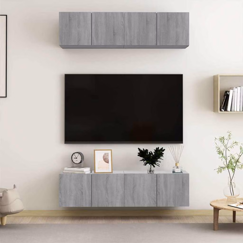 Set di 4 mobili TV da parete vidaXL in legno multistrato, colore grigio, L 60 cm x P 30 cm x H 30 cm – 1