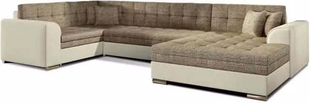 Divano panoramico convertibile CALDERO di MEUBLORAMA, forma a U con angolo destro, colore beige, con funzione letto e cuscini inclusi, L 338 cm x P 189 cm x H 78 cm