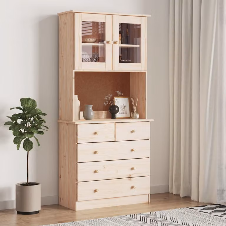 Credenza rustica vidaXL in legno di pino con ante in vetro e cassetti, L/P/H: 77 x 35 x 165 cm