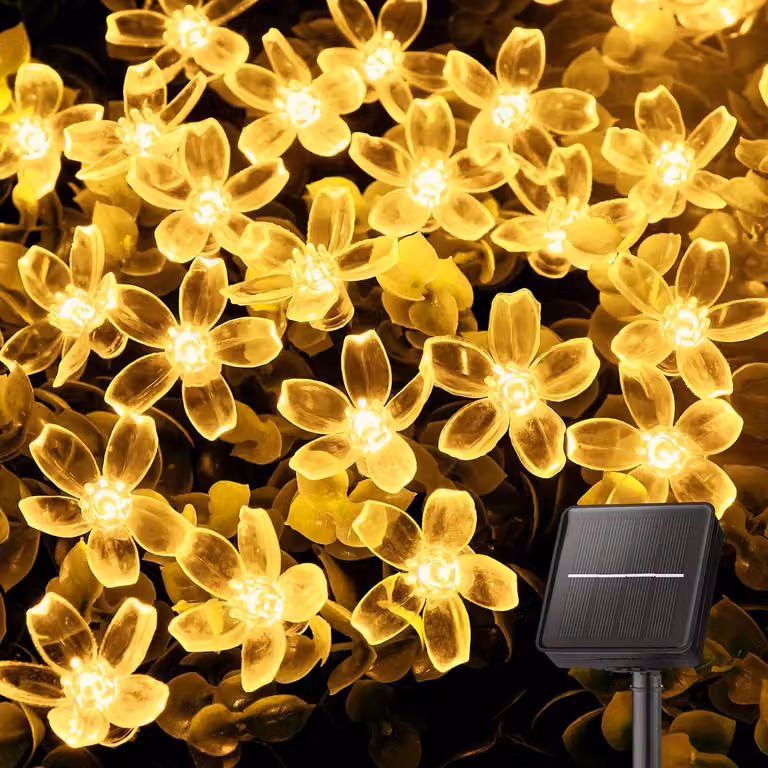Catena luminosa solare, 7 metri, 50 LED, luce bianco caldo, impermeabile, 8 modalità