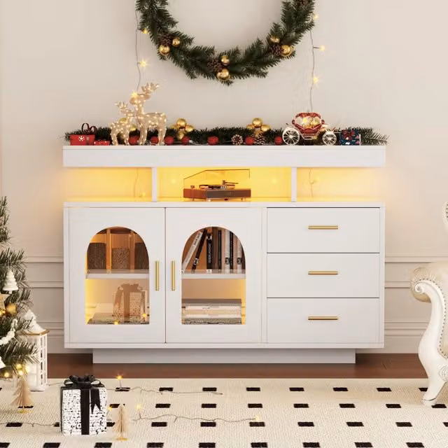 Sideboard buffet con cassetti, 120 cm, bianco lucido, per soggiorno e cucina. Barra caffè con luci LED a 16 colori.