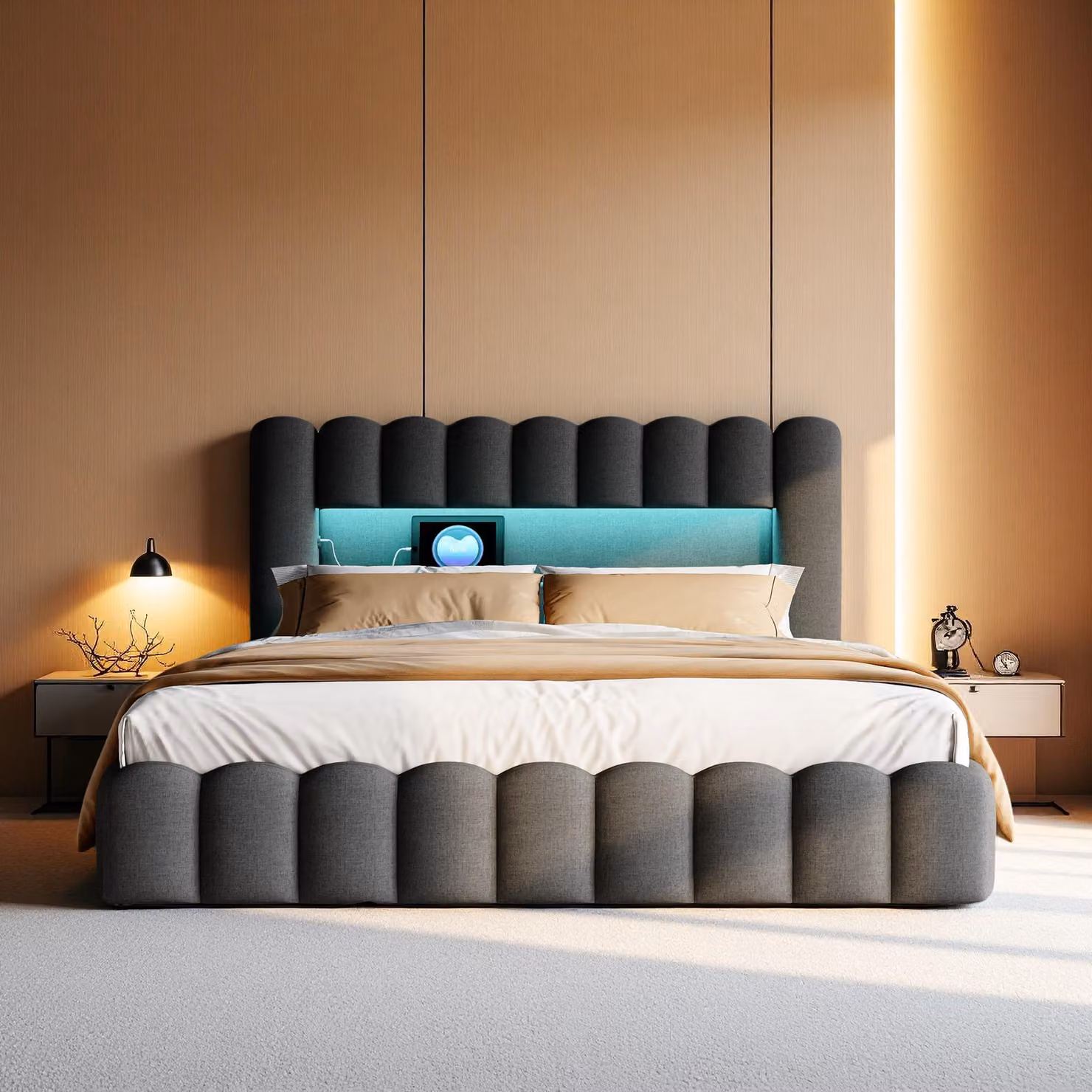 Letto imbottito ProximaX con funzione di ricarica USB e testata a LED, letto contenitore letto matrimoniale idraulico 180x200cm, rete a doghe in legno, letto con rete a doghe in metallo, lino, grigio