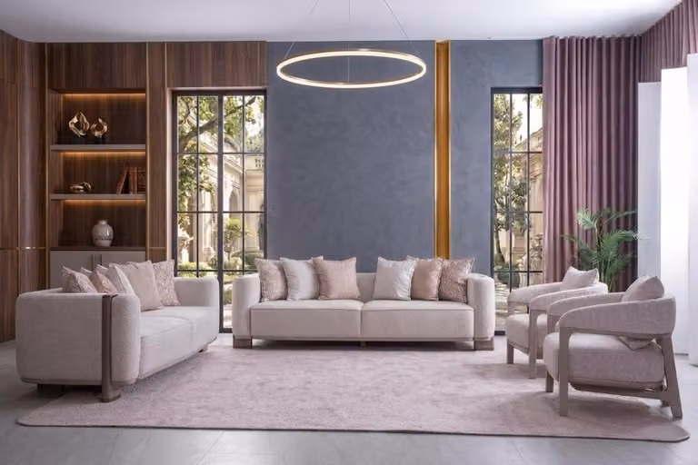Set soggiorno: divano, poltrona, tavolino. Stile moderno, elegante, colore bianco. Ideale per un ambiente accogliente
