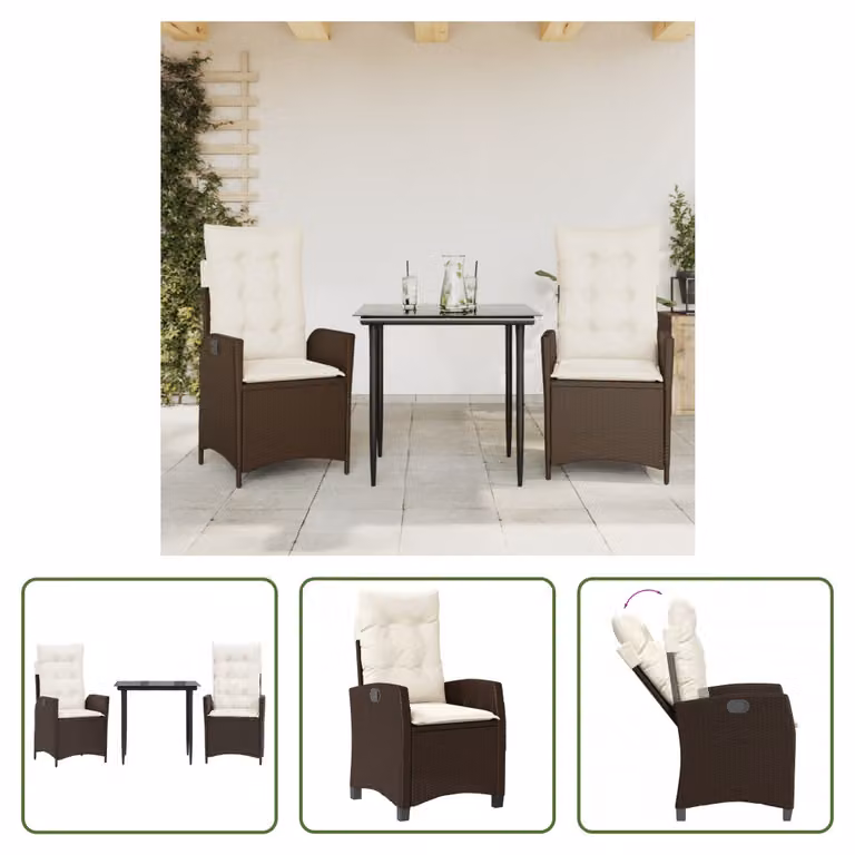 The Living Store Set da pranzo da giardino in 3 pezzi con cuscini in poly rattan marrone