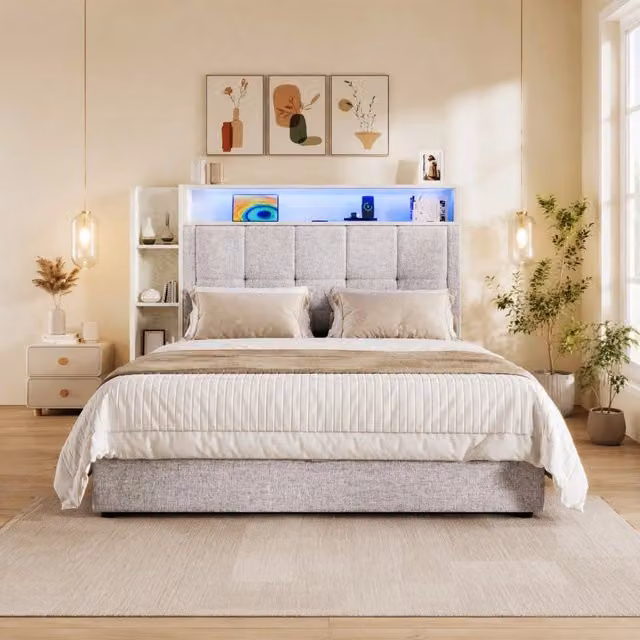 Letto imbottito 90x200 cm con funzione di ricarica USB Type-C, contenitore multifunzionale e illuminazione LED, senza materasso, beige
