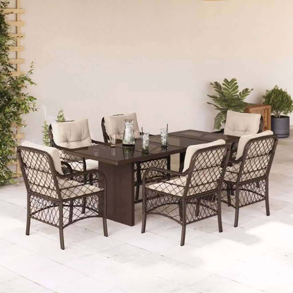Set da Pranzo da Giardino 7pz vidaXL in Polyrattan Marrone con Piano in Vetro – 1