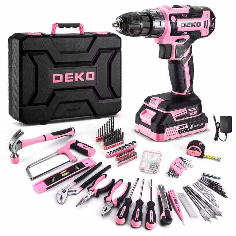 Set di utensili con avvitatore a batteria - 186 pezzi - 20 V - Rosa - Per uso domestico