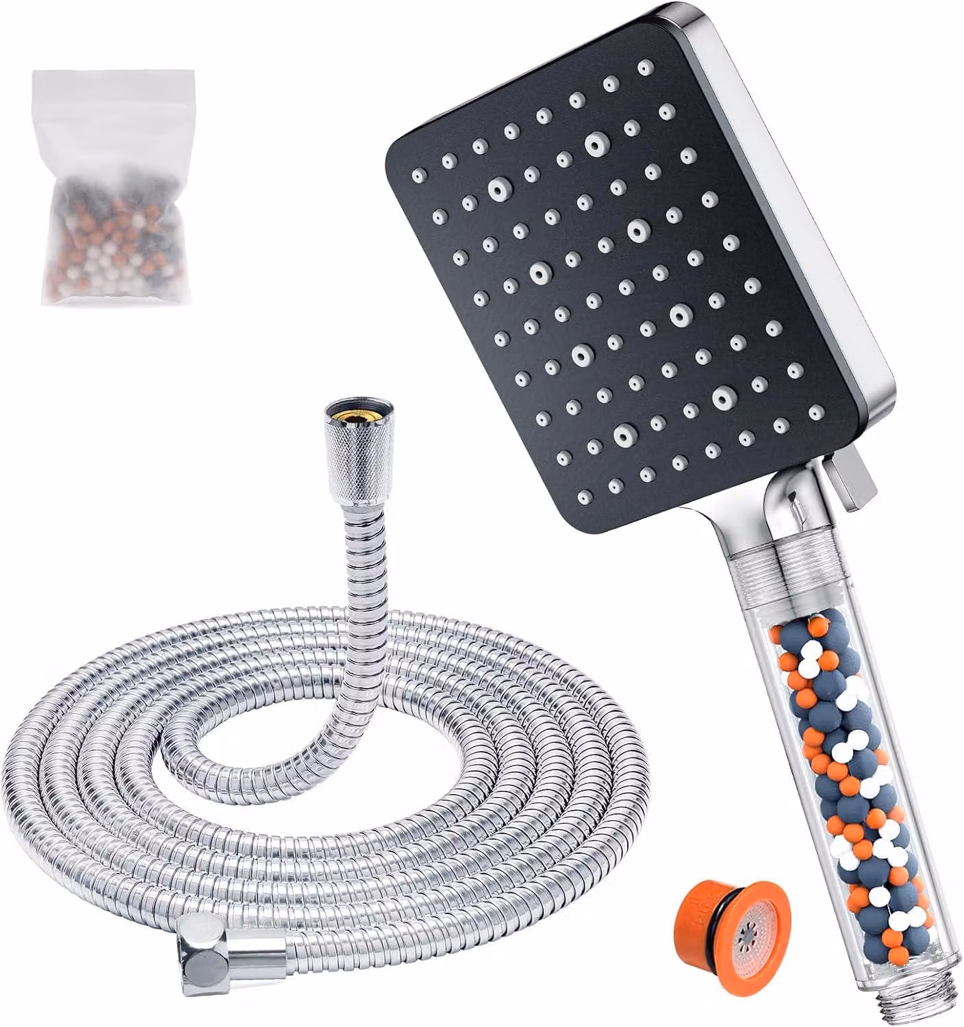 Doccia con filtro - Doccia a mano ad alta pressione con tubo flessibile da 1-6 metri - Miscelatore per doccia a risparmio idrico (115x100 mm) - 6 tipi di getto - Doccia a pioggia ad alta pressione
