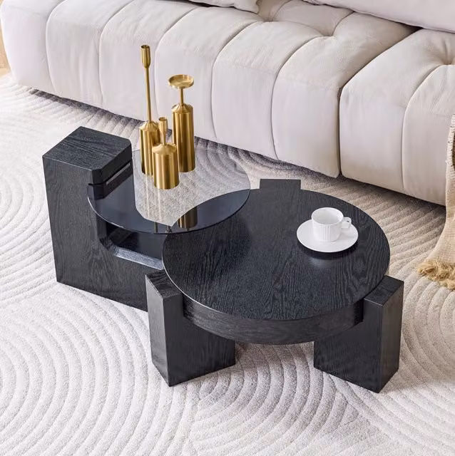 Set di tavolini rotondi 2 in 1 in MDF nero e vetro grigio