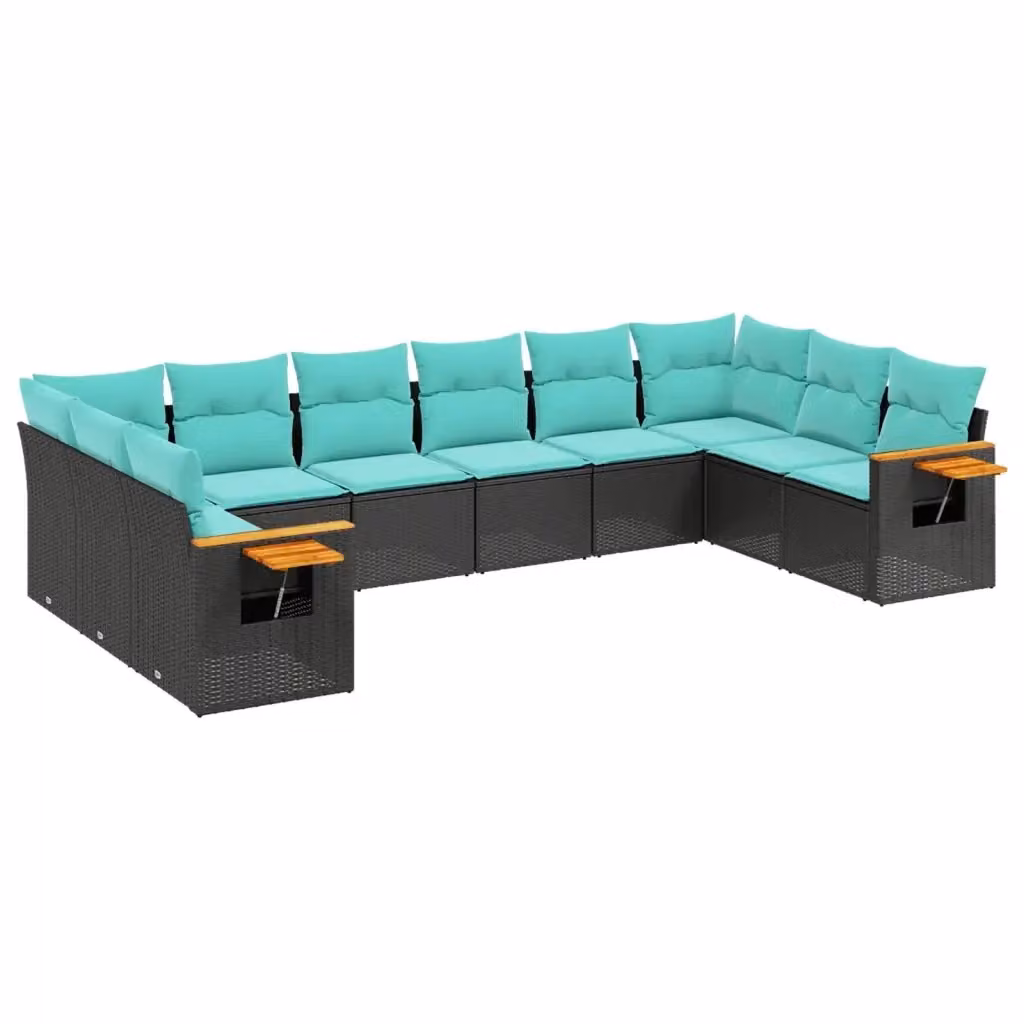 vidaXL Set Divani da Giardino 10 pz in Polyrattan Nero con Cuscini Blu e Tavolino da Esterno – 2