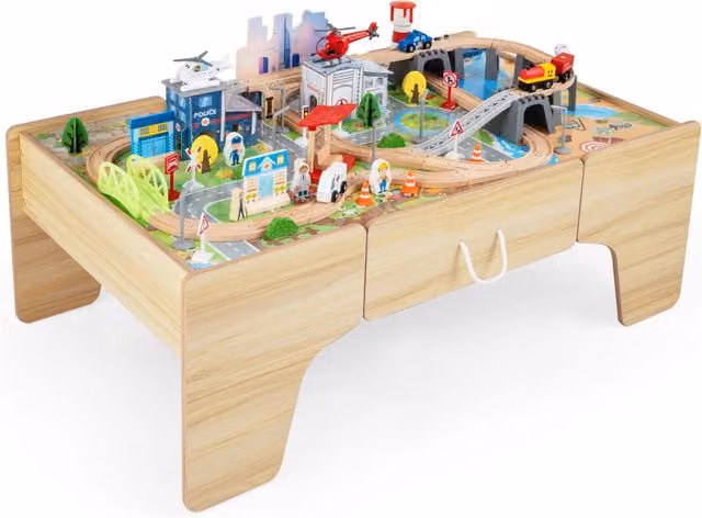 Tavolo attività creativo per bambini con 110 pezzi di giocattoli trenino, piano reversibile e rimovibile con cassetto, multicolore, L: 107 cm, P: 63 cm, H: 40 cm