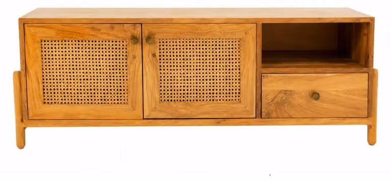 Mobile contenitore a buffet in legno massello con ante in rattan, stile bohémien, legno naturale