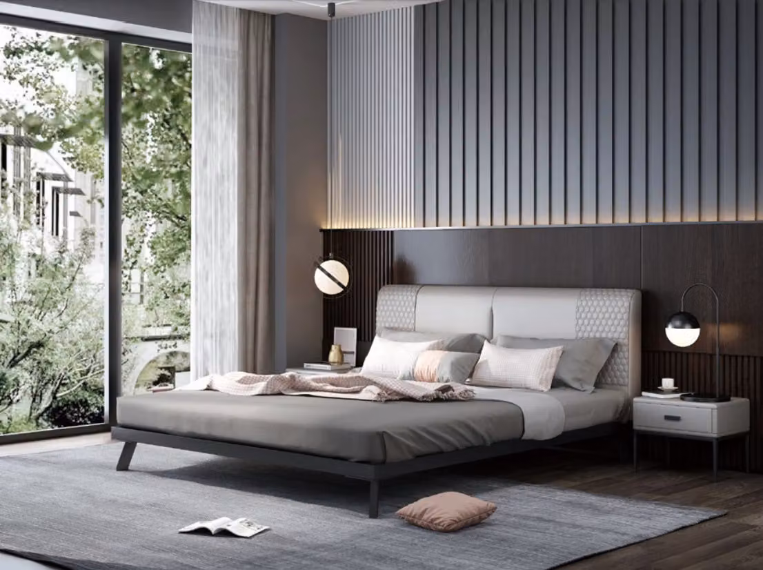 Luxus Design Leder Bett Metall Gold Betten Polster Hotel 180x200cm Grau Doppel