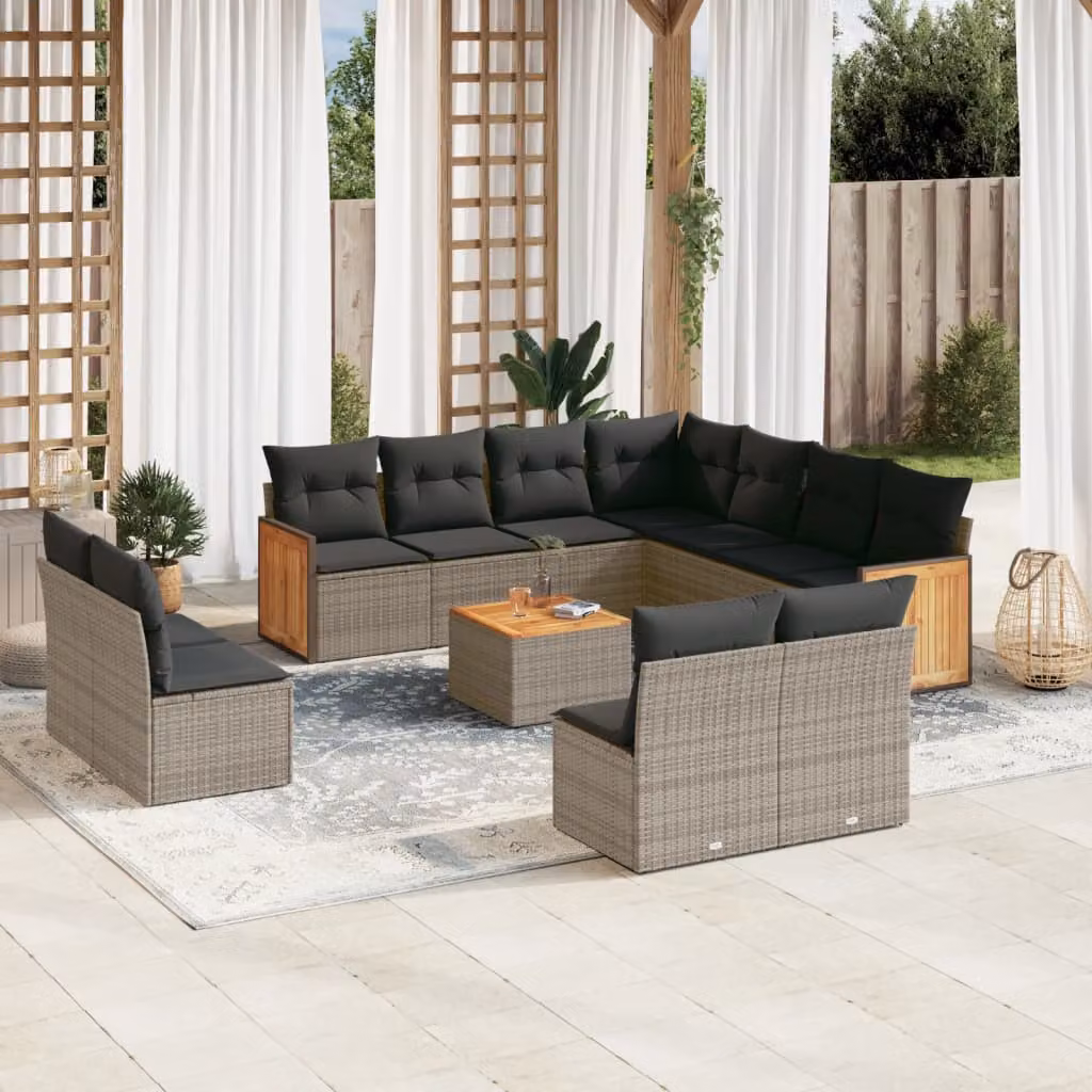 vidaXL Set di Divani da Giardino a L in Polyrattan Grigio con Cuscini e Tavolino da Esterno – 1
