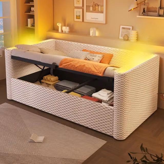 Divano letto con LED e meccanismo idraulico - Zephmum- 90x200 cm velluto beige