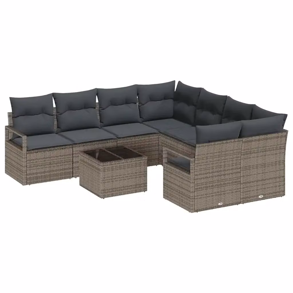 Set di divani da giardino vidaXL a forma di U con 9 pezzi, colore grigio, con cuscini e tavolino da caffè in vetro – 2