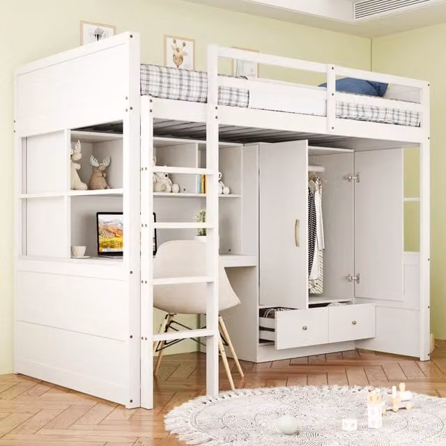Letto a soppalco 90 × 200 cm con scrivania armadio cassetti scala e rete a doghe in legno bianco