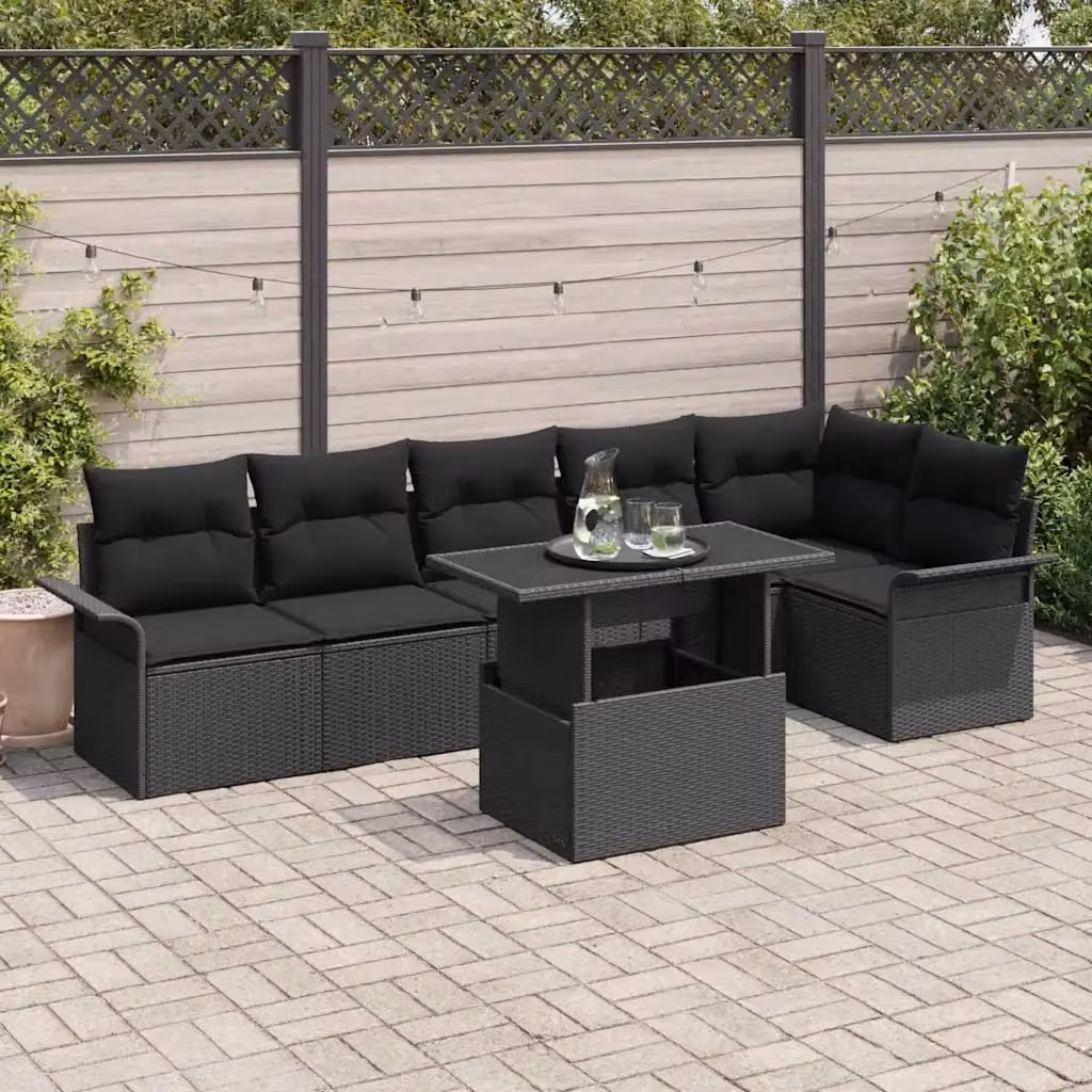 Set Divano da Giardino vidaXL 7 Pezzi in Polyrattan Nero con Cuscini e Tavolino – 1