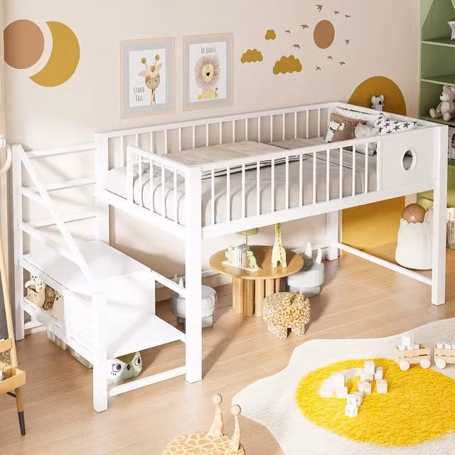 Letto a Soppalco Basso per Bambini con Scala Contenitore ¨C Xylo ¨C Metallo Bianco 90x200