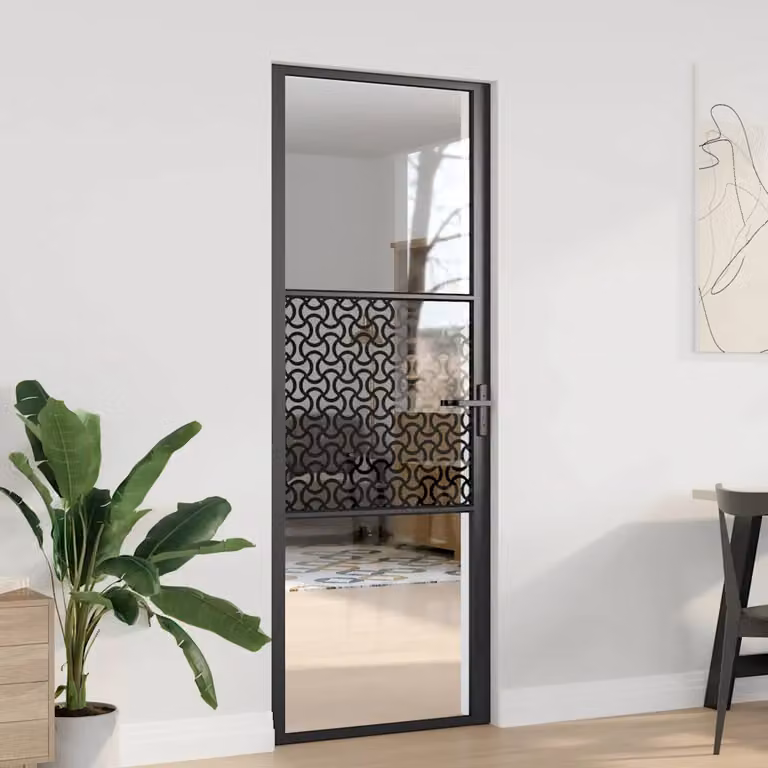 Porta in vetro moderna vidaXL con telaio in alluminio nero e vetro trasparente, L: 76 cm, P: 3,5 cm, H: 201,5 cm